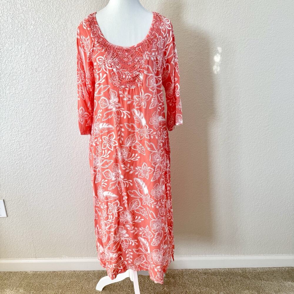 Patio Casuals Cabernet Dress Small Coral Floral Beaded Neck Muumuu Midi Pockets